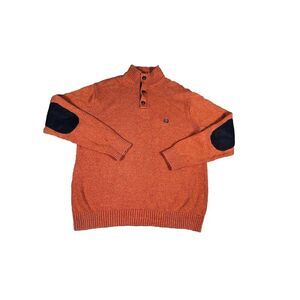 Chaps Sweater Mens‎ Size L Orange Cotton Knit Mock Neck Faux Leather Elbow Patch